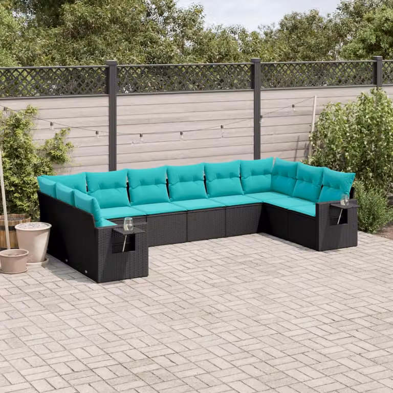Set di divani da giardino vidaXL in polyrattan nero con 10 pezzi e cuscini inclusi