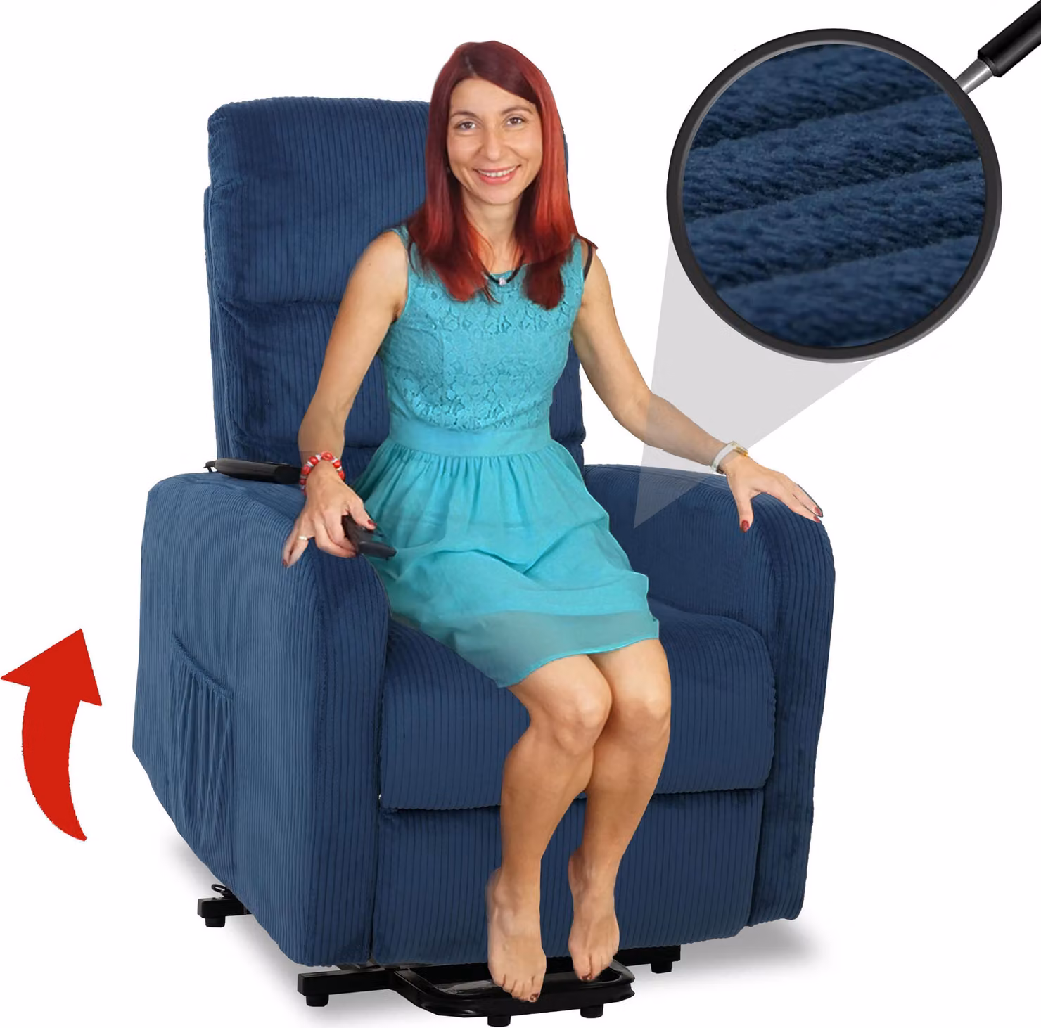 Poltrona TV HWC-K62, poltrona reclinabile, poltrona TV reclinabile, funzione reclinabile, supporto per alzarsi, metallo, tessuto/velluto ~ blu