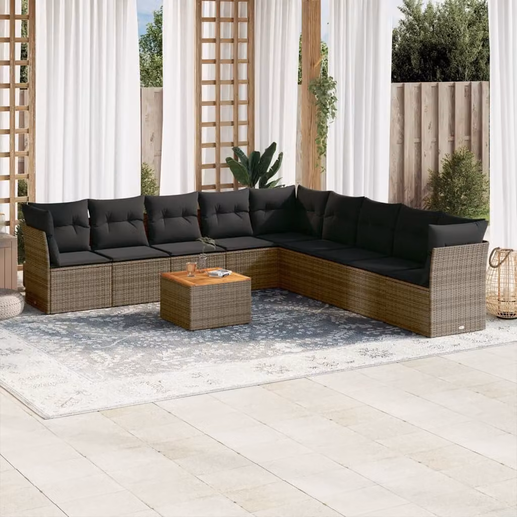vidaXL Set Divano da Giardino 10 pz a L in Polyrattan Grigio con Cuscini e Tavolino – 1