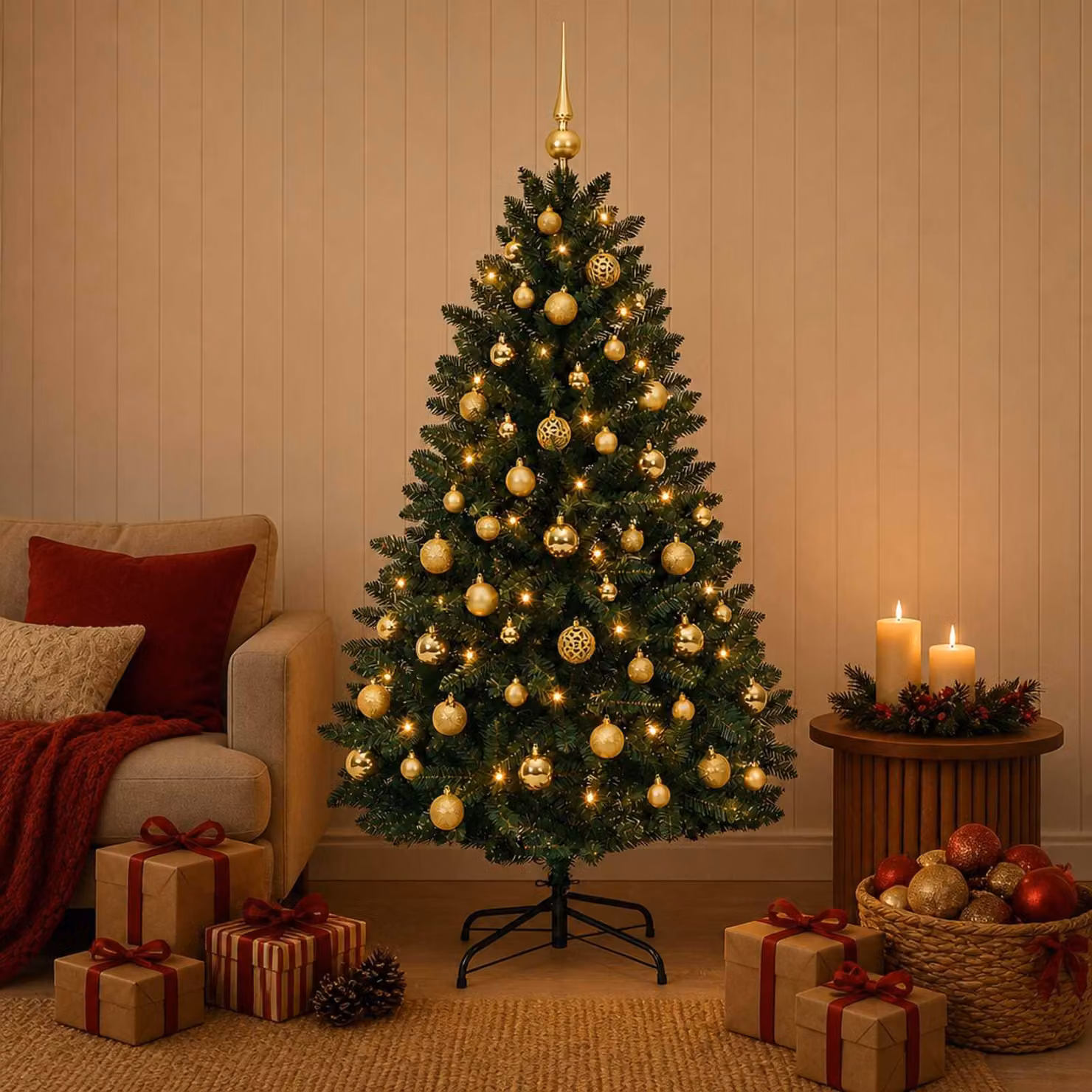 Albero di Natale artificiale, color verde scuro, con decorazioni a forma di sfera, altezza 150 cm