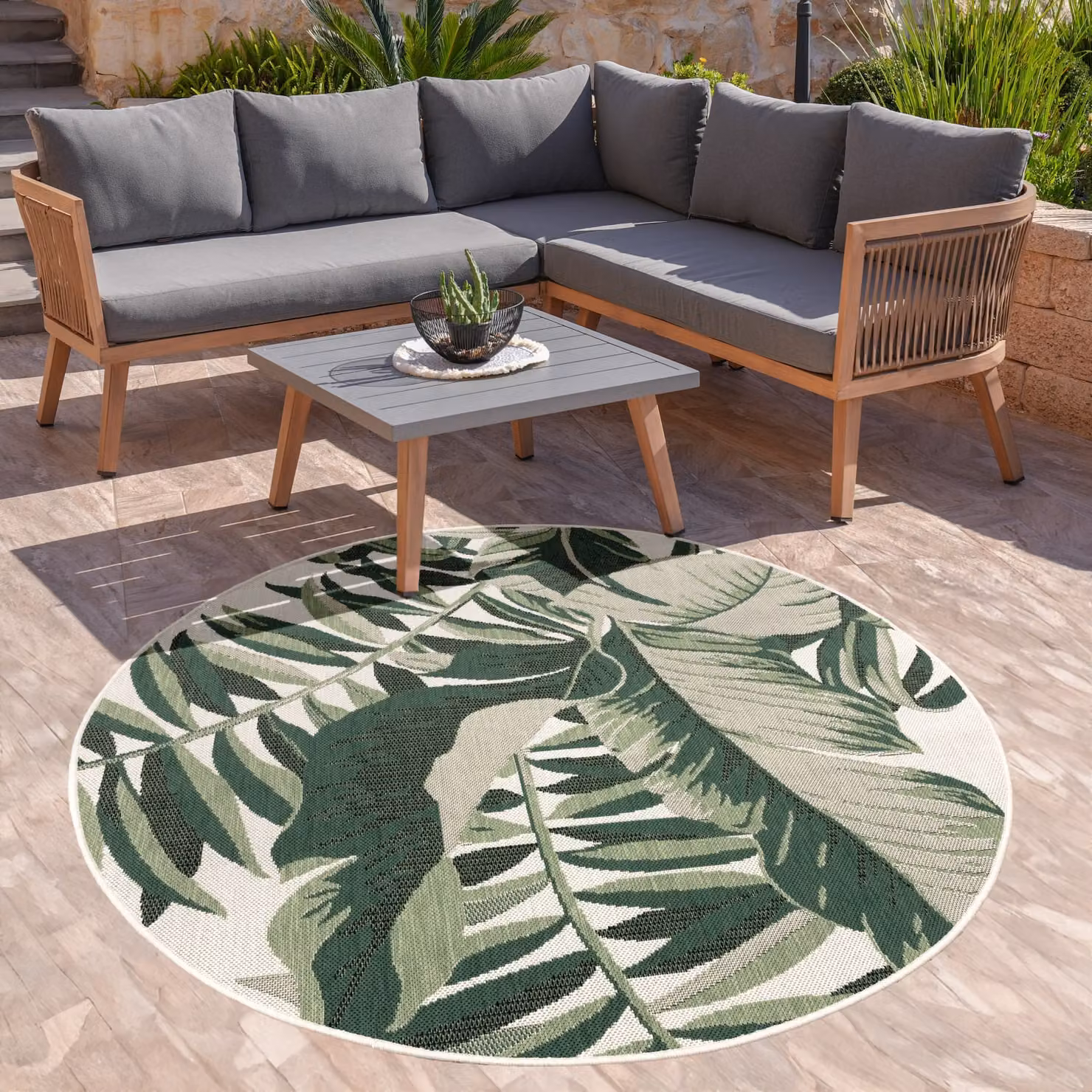 Tappeto rotondo Ostenza verde per interni ed esterni con motivo floreale, Diametro: 120 cm – 2