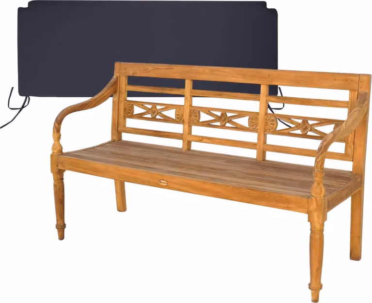 Panca in legno di teak, modello Aosta, 150 cm, realizzata in legno massello, resistente agli agenti atmosferici, con cuscino per seduta nero