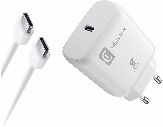 Caricabatterie Super Fast Charger Kit 25W Cellularline con USB Type-C, Bianco