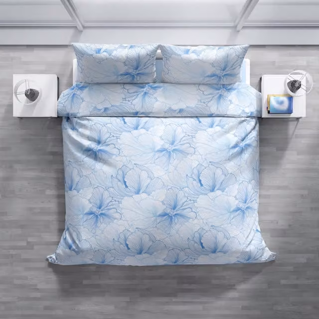 Completo copripiumino e federe DaunenStep Joy con fantasia floreale blu in cotone mako satin per adulti L: 250 cm x P: 200 cm