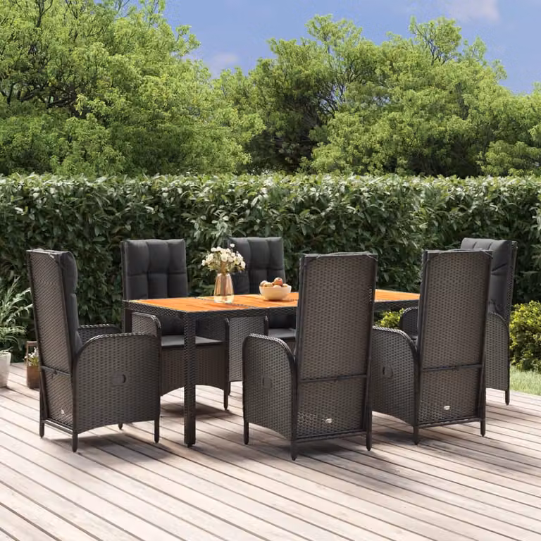 Set da pranzo da giardino vidaXL in legno di acacia oliato e polyrattan nero con 7 pezzi