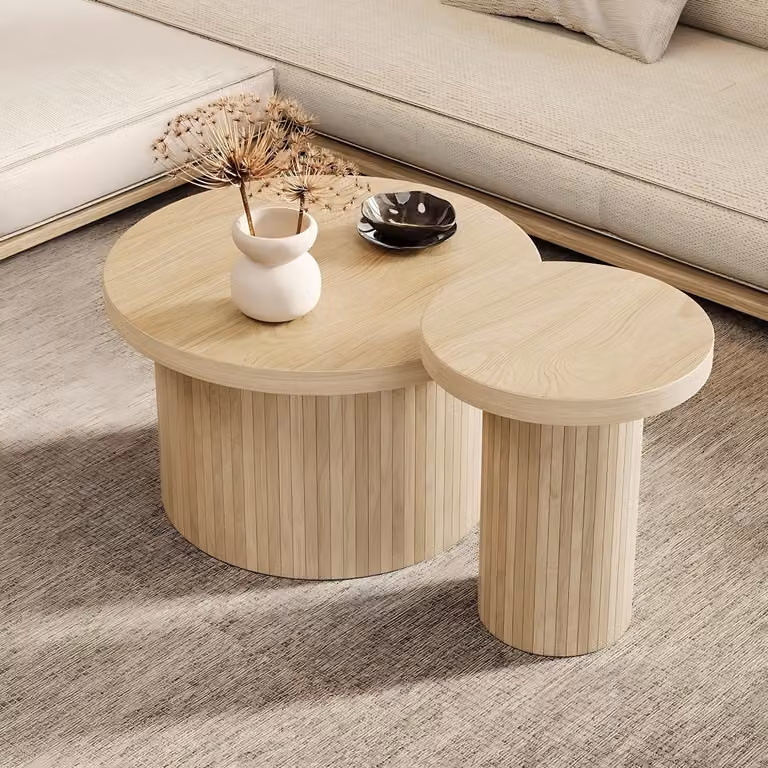 Abrihome set di 2 tavolini rotondi da salotto tavolo-66x40+40x46cm (Ø x H) con doghe in legno naturale, natura