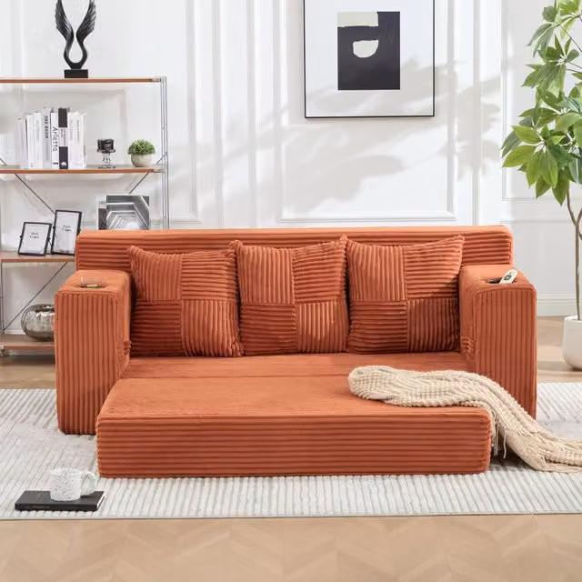 Divano modulare a 3 posti 172 x 87 x 64 cm con portabicchieri e tasche laterali; velluto a coste arancione
