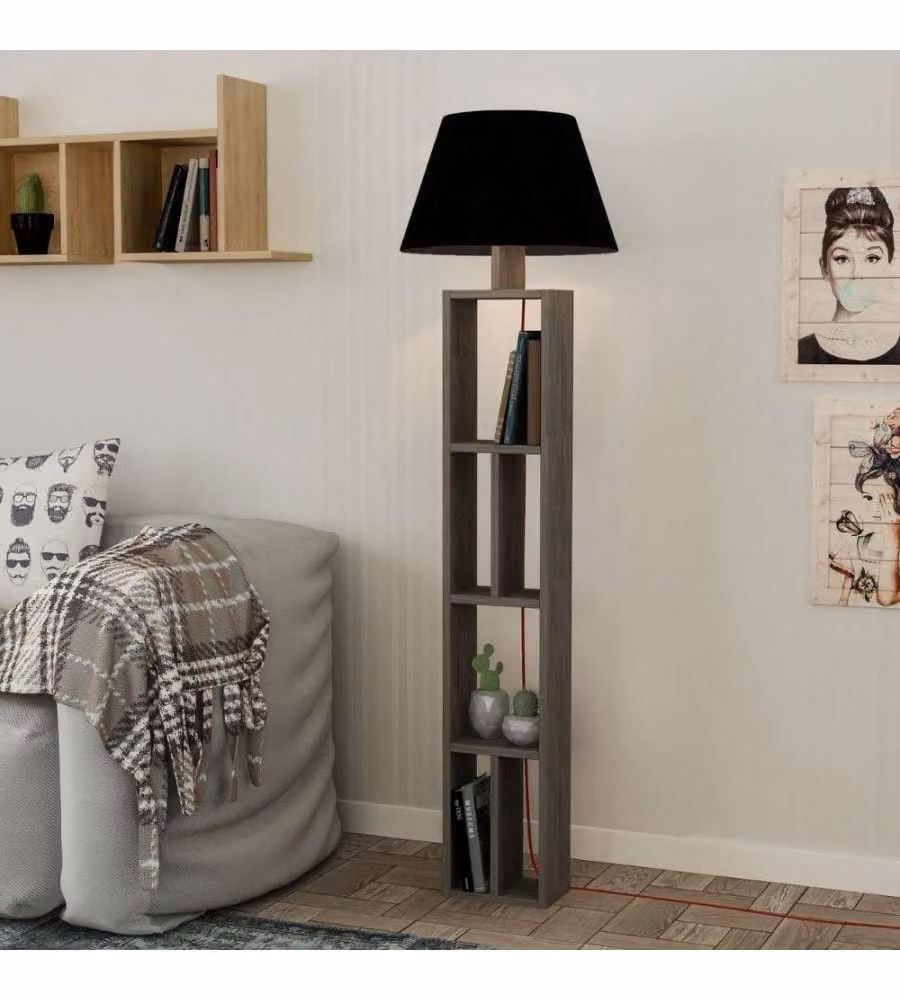 Lampada da terra con libreria Giorno Effezeta Italia in legno marrone e paralume nero H: 163,5 cm, L: 45 cm