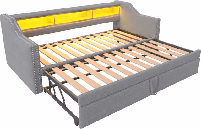Letto matrimoniale estraibile Chicfurn con LED, porte USB e ripiani laterali, grigio chiaro, L/P/H: 180 x 190 x 300 cm