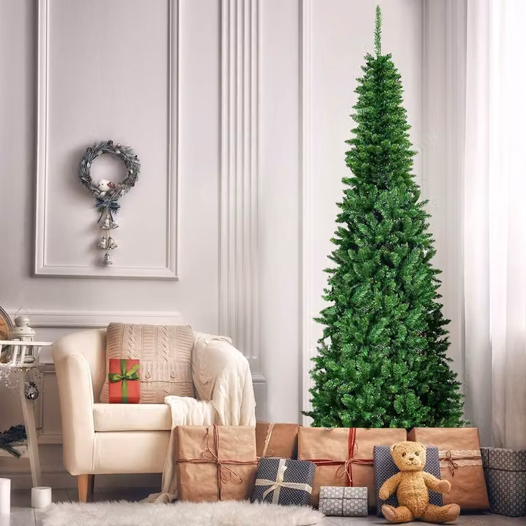 COSTWAY Albero di Natale a matita da 225 cm con luci LED bianco caldo, albero di Natale artificiale con sistema pieghevole e supporto in metallo, albero di Natale con aghi in PVC, albero di Natale artificiale verde