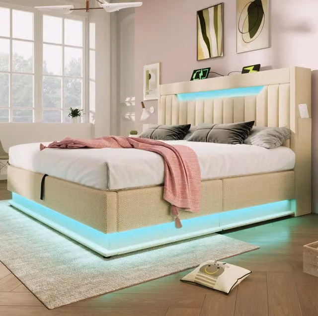 Letto matrimoniale 180x200 cm; testiera con LED e porte USB; lino beige (Senza materasso)