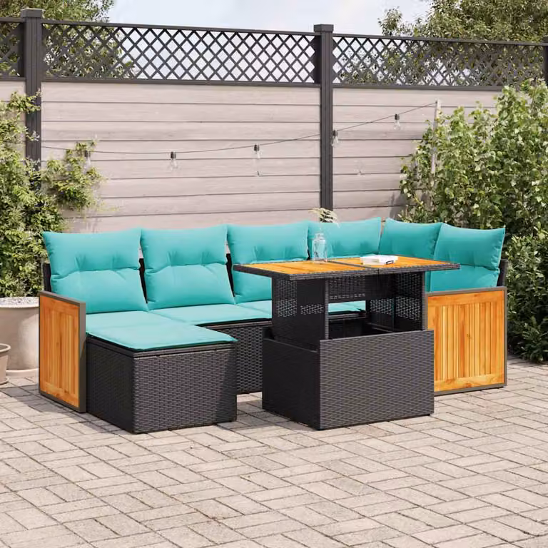 Set Divani da Giardino vidaXL 7 Pezzi in Polyrattan con Cuscini e Tavolino da Esterno, Design Moderno a L con Struttura in Legno di Acacia e Colore Marrone