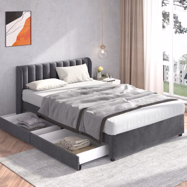 Letto imbottito STILVORA 140x200 cm con contenitore a 2 cassetti e rete a doghe, letto per ragazzi in velluto con schienale, grigio (senza materasso)
