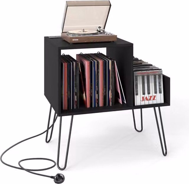 Supporto per giradischi Design Mania con ripiano espositivo e divisori per vinili, Nero, L: 67 cm, P: 45 cm, H: 66 cm – 1