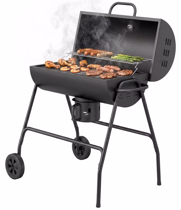 Griglia per barbecue Outsunny in metallo, con coperchio, termometro e ruote, adatta per l'utilizzo con carbone