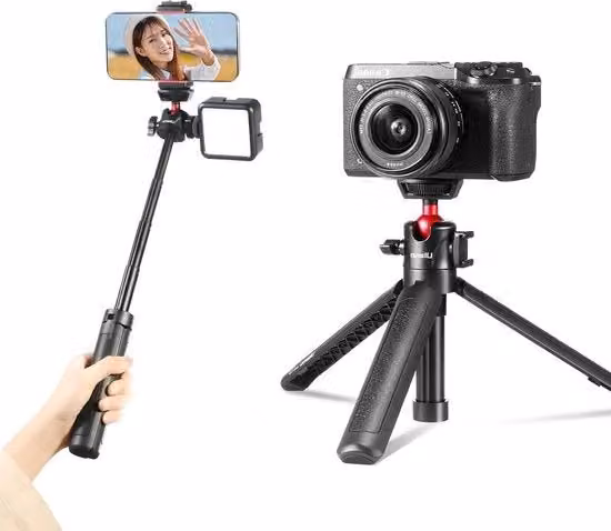 Stativo da selfie nero con supporto per smartphone e fotocamera e vite per scarpe