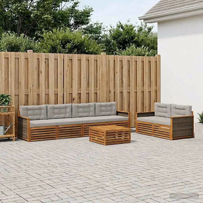 Set di divani da esterno vidaXL a forma di U composto da 7 pezzi in legno di acacia con cuscini, colore beige e grigio
