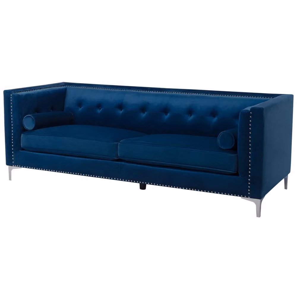Divano a 3 posti Glamour Beliani in velluto blu con cuscini coordinati e coperture rimovibili L: 211 cm, P: 82 cm, H: 74 cm – 2