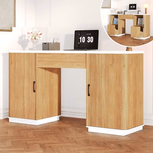 Scrivania regolabile in altezza con vano nascosto 2 cassetti 2 vani aperti MDF bianco rovere 140 × 50 cm
