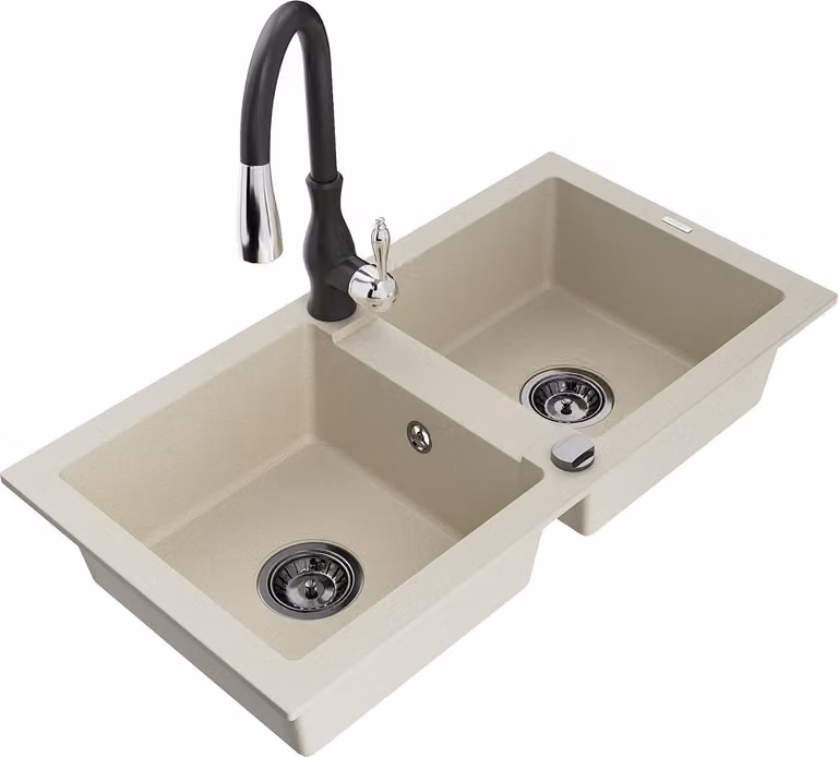 Mexen Mario lavello in granito a 2 vasche con rubinetto da cucina Savita, beige - 6504-69-672601-70