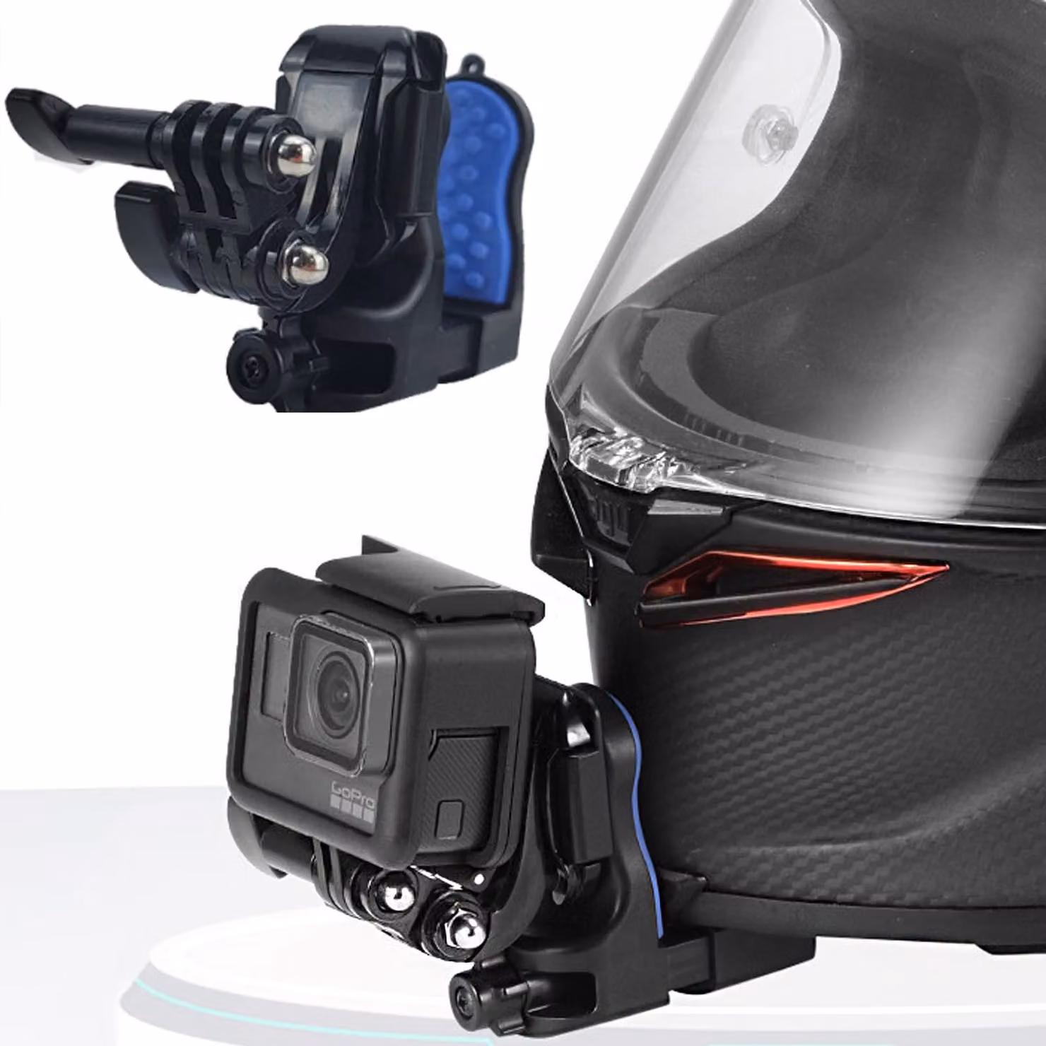 Supporto per action camera con sistema di clip per l'attacco al casco