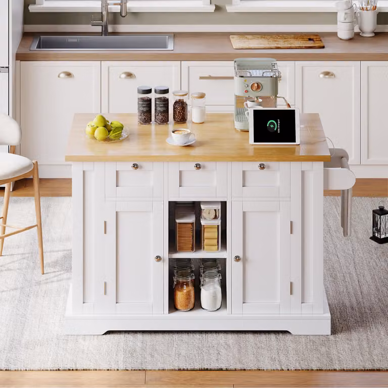 Isola mobile per cucina con piano di lavoro pieghevole, isola da cucina bianca con aspetto legno naturale, stile rustico e spazio contenitivo