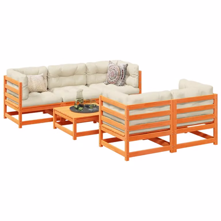Set di divani da giardino vidaXL in legno massello di pino con cuscini, composizione a L con elementi angolari e pouf, colore marrone e beige