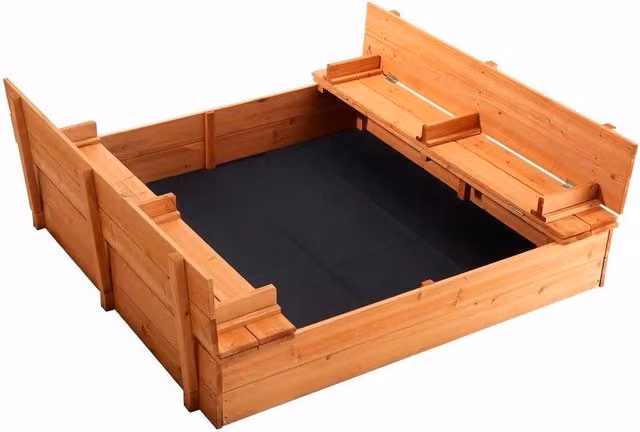 Sabbiera in legno con panche pieghevoli per cortile o spiaggia, colore marrone naturale, L/P/H: 133 x 120 x 43 cm