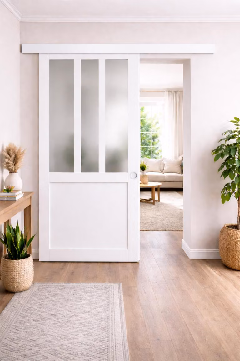 Porta scorrevole da officina bianca con vetro opacizzato H204 x L73 cm, binario in alluminio bianco, gusci bianchi GD MENUISERIES