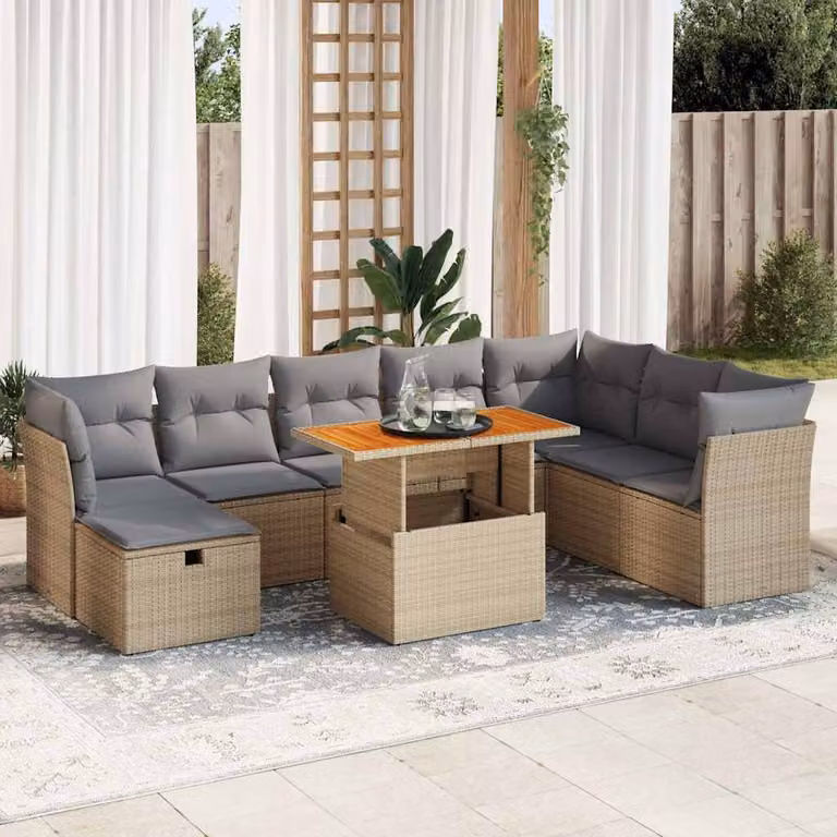 vidaXL Set Divano da Giardino 9 pz in Polyrattan e Legno di Acacia con Cuscini Beige e Grigio