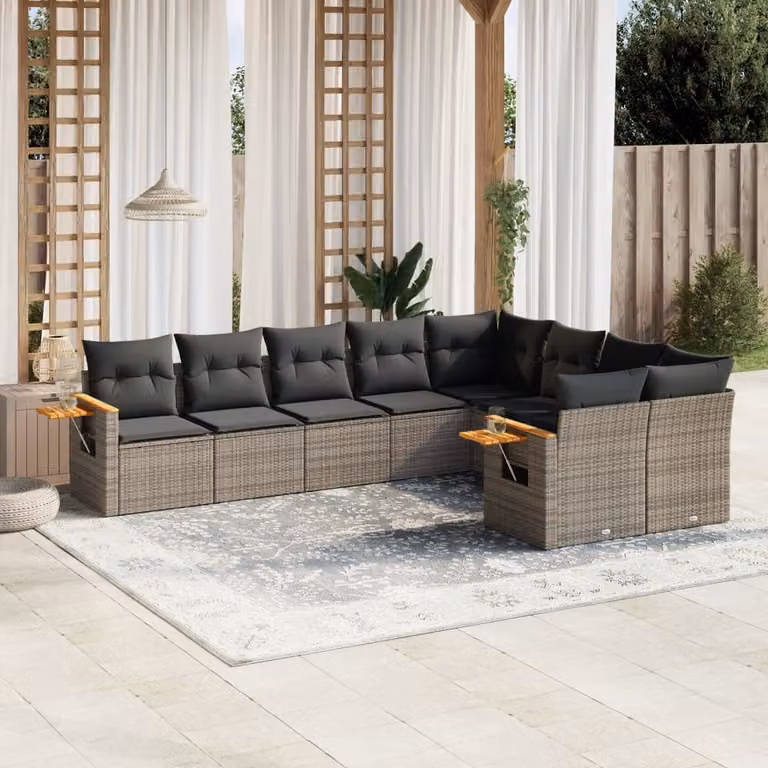 vidaXL Set Divano da Giardino a L 9 pz in Polyrattan Grigio con Cuscini e Tavolino