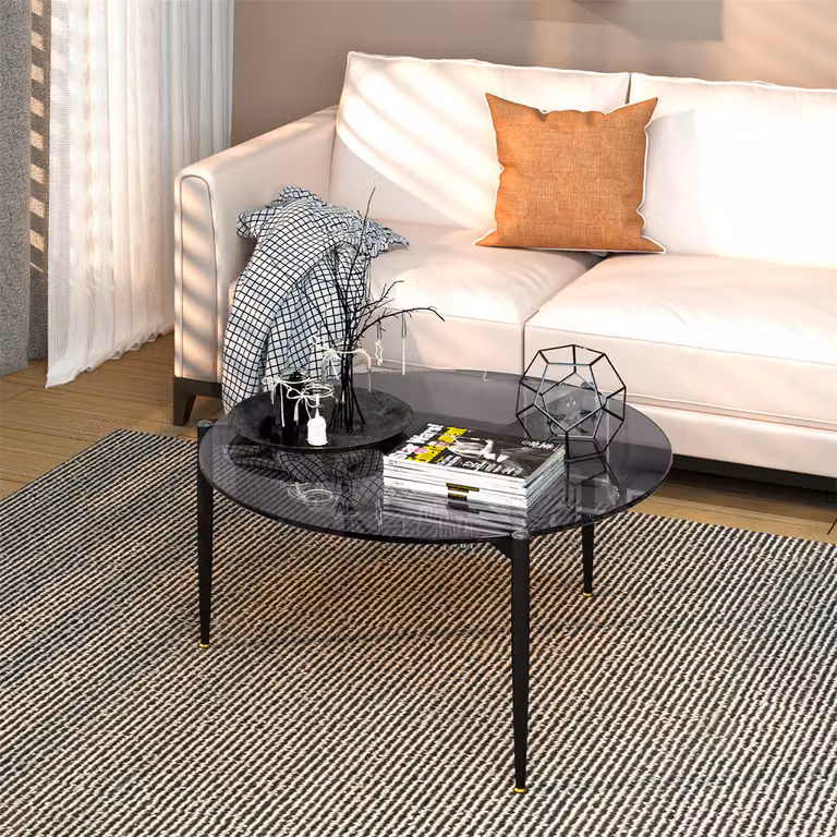 WISFOR tavolino con struttura in ferro Ø80 tavolo rotondo in vetro, tavolo da divano in robusto vetro temperato, tavolo da salotto decorativo, sense of design, grigio
