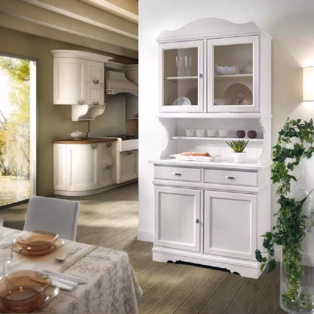 Cristalliera shabby chic in legno massello di Mobili2g con 4 ante e 2 cassetti, colore bianco opaco, L: 105 cm, P: 52 cm, H: 210 cm – 2