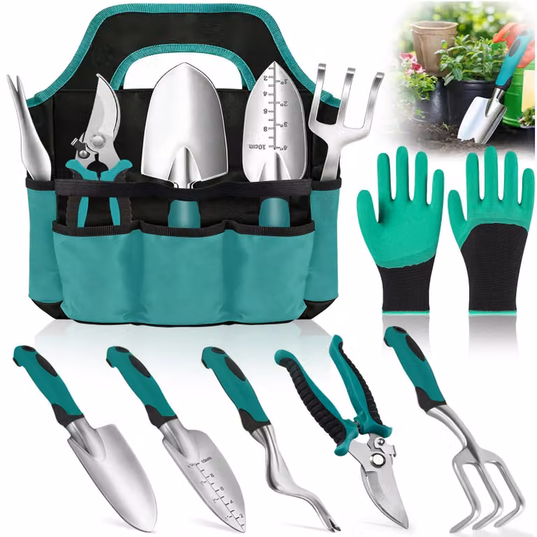 Set di attrezzi da giardino, utensili manuali, 8 pezzi, in acciaio inossidabile, con custodia, per la cura del giardino