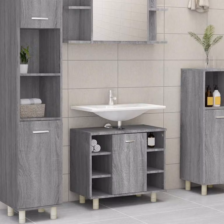 Armadietto da bagno moderno vidaXL in legno multistrato e MDF, colore grigio, sospeso a parete, L: 60 cm, P: 32 cm, H: 53,5 cm
