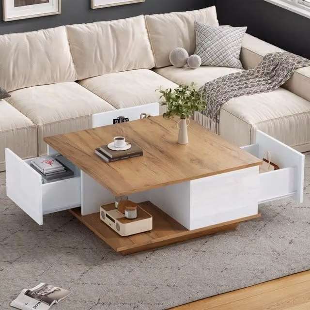 Tavolino basso con 3 cassetti e vano semiaperto finitura lucida per soggiorno bianco noce 70 × 70 × 31,5 cm