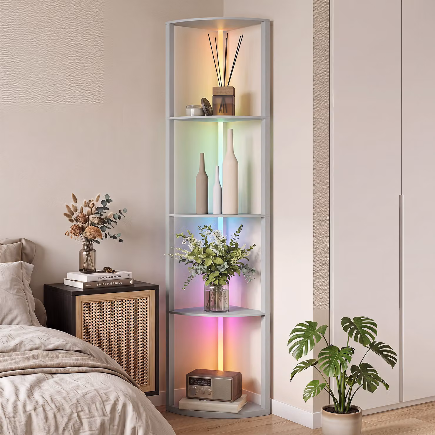 Lampada da terra LED HOMCOM con ripiani, luce RGB dimmerabile e telecomando, Grigio