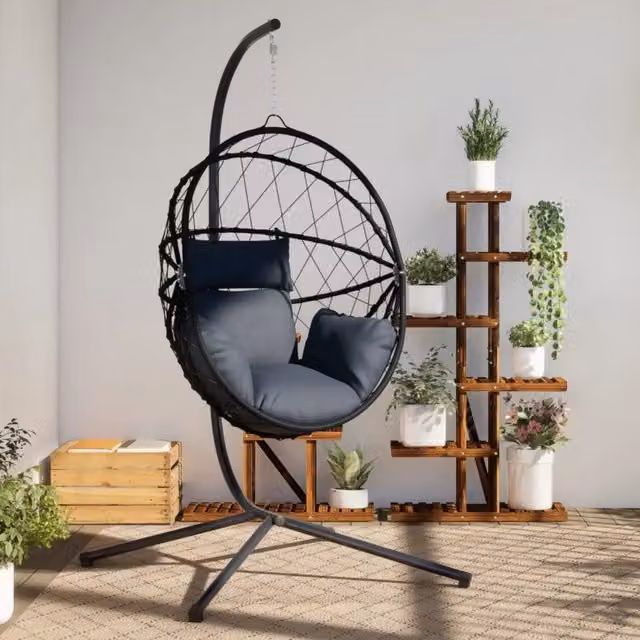 Sedia a Uovo Sospesa vidaXL con Supporto in Acciaio Antracite e Polyrattan, Completa di Cuscini in Tessuto Resistente ai Raggi UV, H 197 x L 104 x P 100 cm – 1