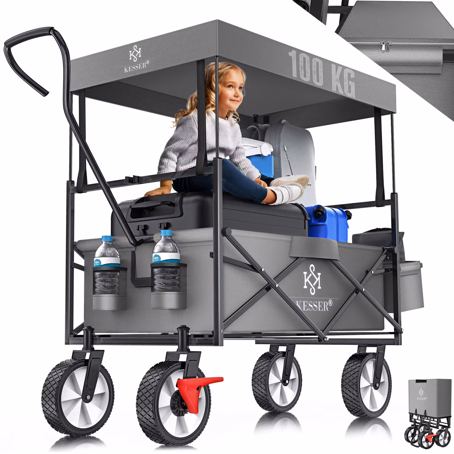 Carrello pieghevole KESSER® con tettuccio | Carrello a mano | Carrello da trasporto | Carrello portaattrezzi | Incl. 2 tasche a rete e 1 tasca esterna | Pieghevole | Pneumatici in gomma piena | Portata fino a 100 kg | Con freno sulla ruota anteriore