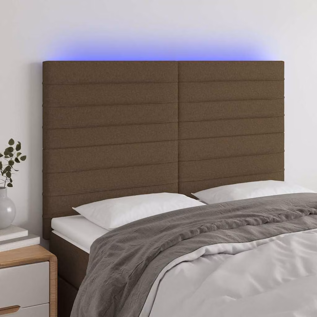 Testiera con LED e porta USB vidaXL in tessuto marrone scuro, L 144 cm x P 5 cm x H 118/128 cm