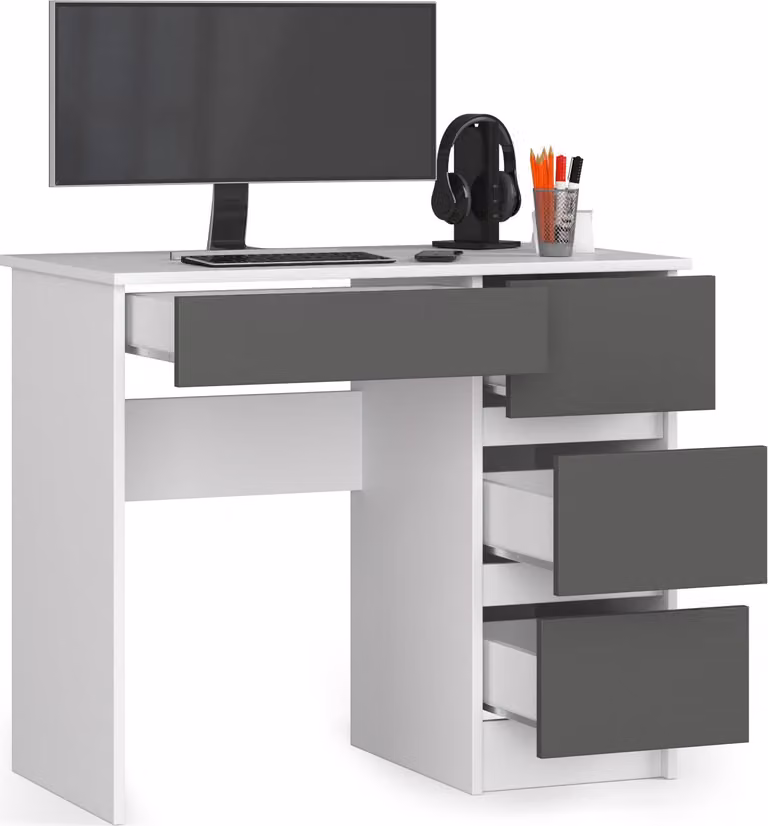 BDW scrivania per ufficio con 4 cassetti, scrivania da gioco, bianco/grigio destro