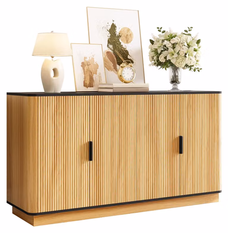 Mobile contenitore Moonbite, 4 ante, 139 cm, effetto legno ondulato. Armadietto contenitore con ante chiuse, cerniere con sistema di smorzamento, maniglie in alluminio, realizzato in pannello truciolare, finitura naturale