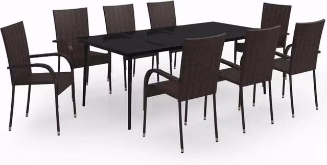 Set da pranzo da giardino Outsunny in polyrattan con tavolo rettangolare in vetro e 9 pezzi marrone e nero