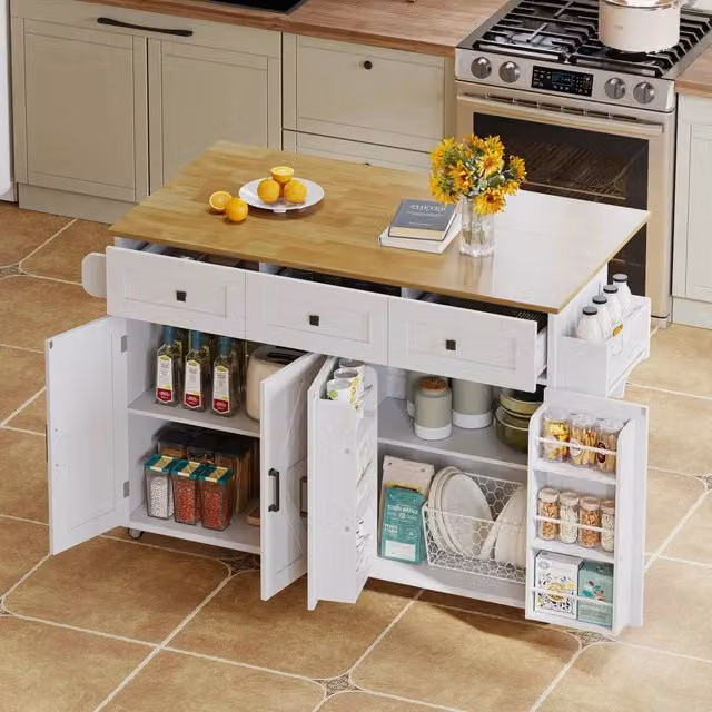 Carrello da cucina OKWISH con piano pieghevole, 4 ante e 3 cassetti, bianco naturale, L/P/H: 140 x 43 x 90,5 cm