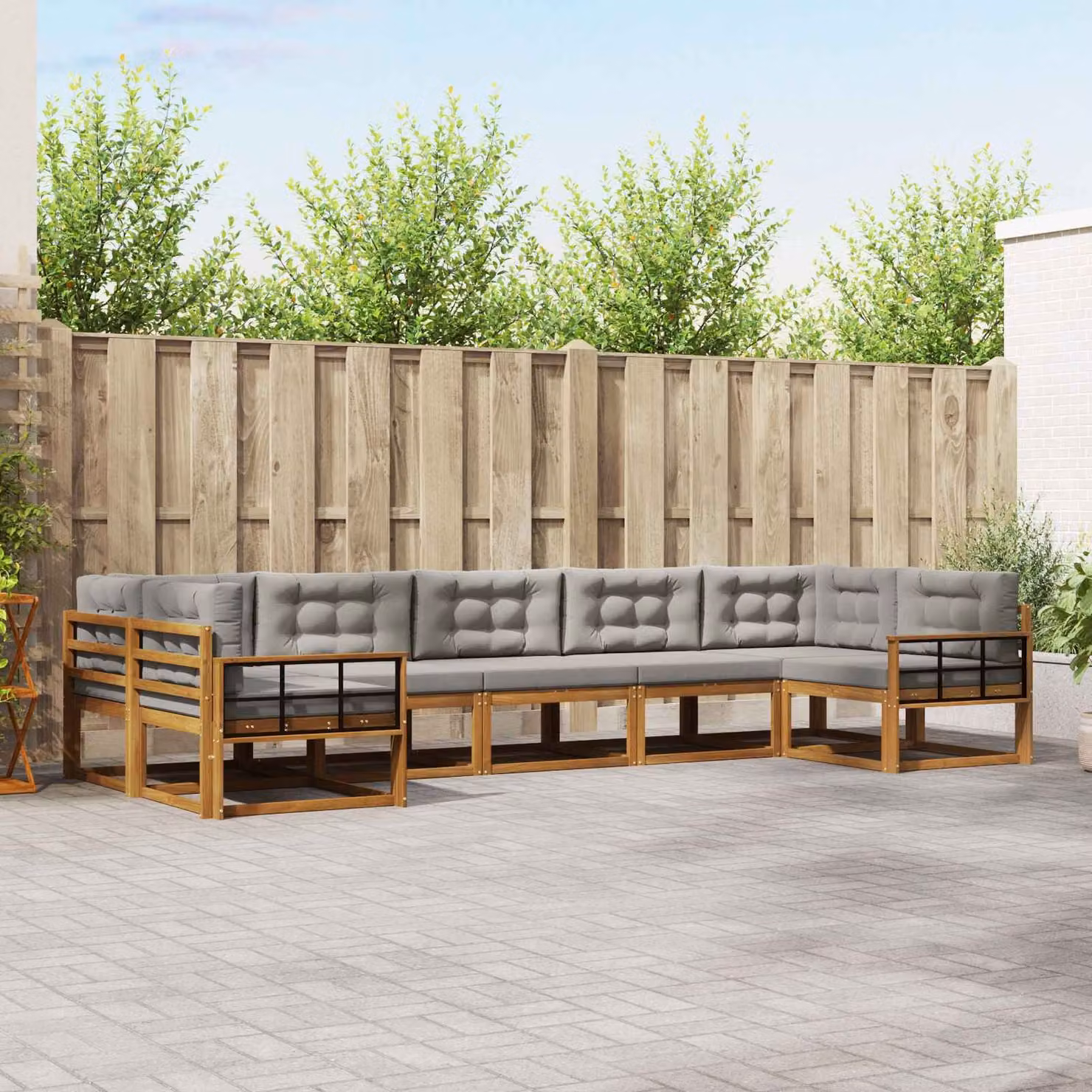vidaXL Set di divani da esterno a L composto da 7 pezzi in legno di acacia con cuscini inclusi, Grigio e Marrone