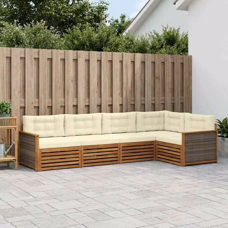 vidaXL Set di divani da esterno 5 pezzi in legno di acacia con cuscini, design moderno a L, colori beige, bianco e marrone