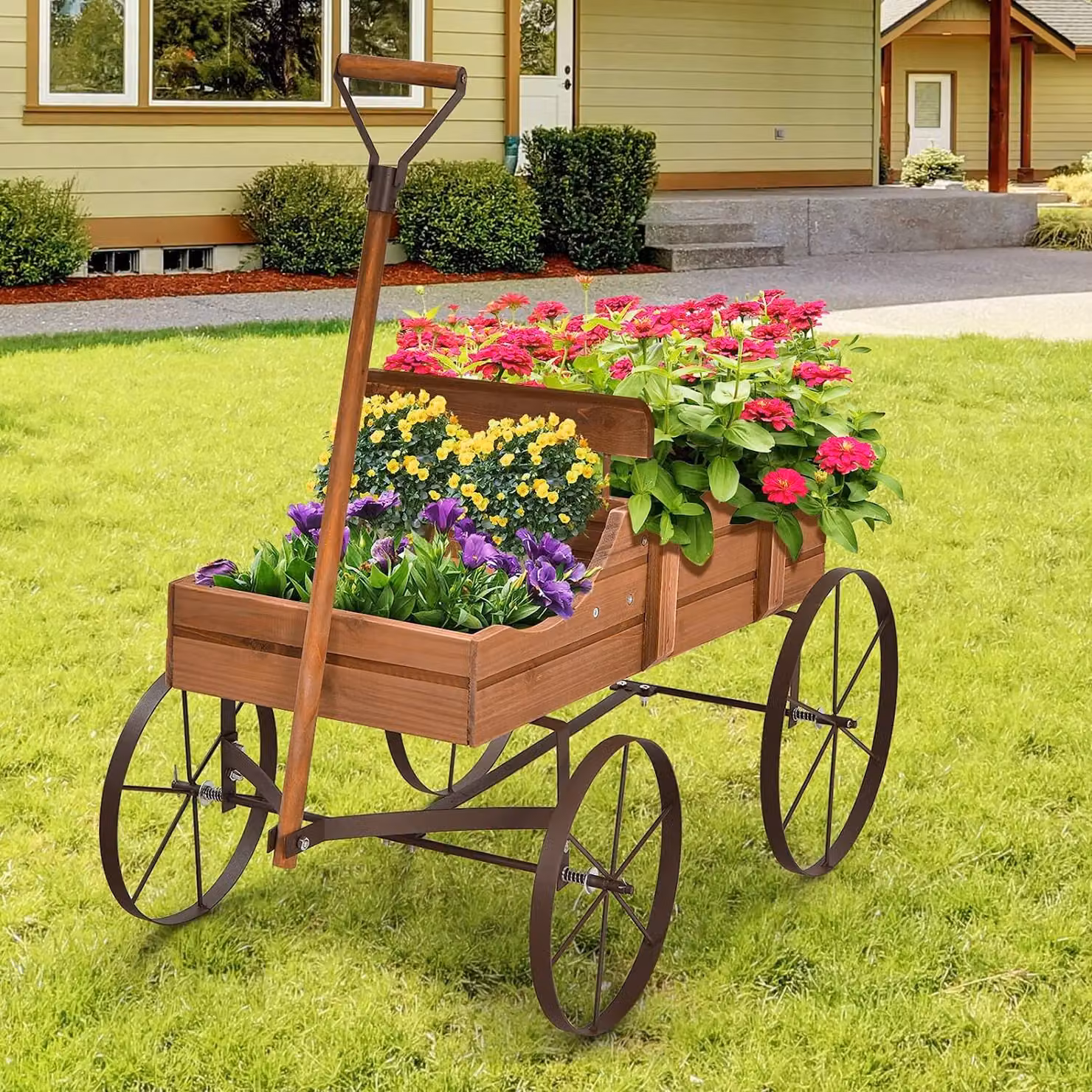 Carrello portafiori con 4 ruote in metallo, carrello per piante in legno massello, carrello in legno con portata fino a 15 kg, fioriera per giardino, balcone e terrazza, carrello portafiori decorativo (marrone)