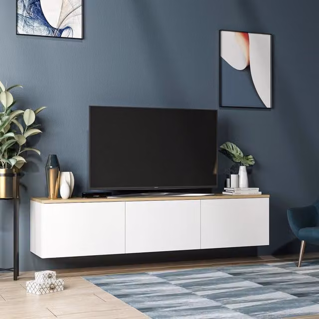 Mobile porta TV Pianiga DMORA con 3 ante, design minimalista, bianco e legno rovere, L: 160 cm, P: 32 cm, H: 35 cm