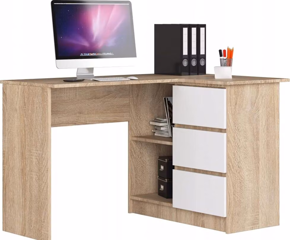 BDW, scrivania angolare destra, 3 cassetti, 4 ripiani, rovere Sonoma/bianco destra