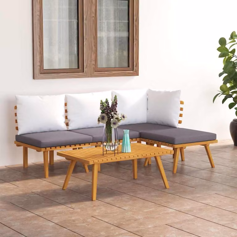 Set di divani da giardino vidaXL in legno massello di acacia con cuscini, componibile a L, colore marrone, grigio e bianco